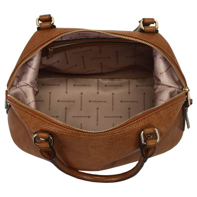 Visão interna da bolsa WJ caramelo com forro bege e bolso interno com zíper